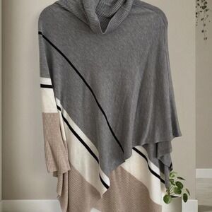 Calvin Klein Asymmetrical Grey and cream striped poncho sweater #winterfashion
